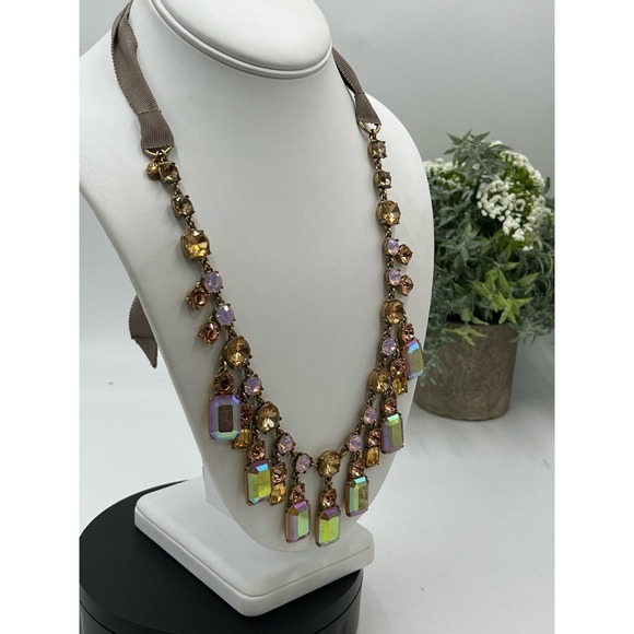 J. Crew Pink Opalescent Opaque and Shiny Rhinestone‎ Mauve Ribbon Tie Necklace - Picture 4 of 12